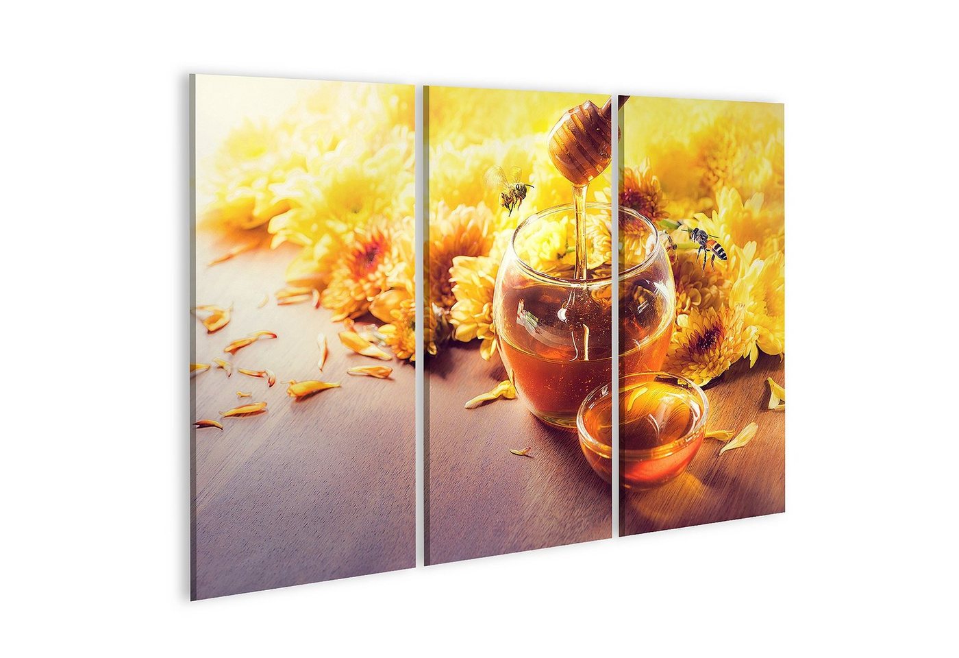 islandburner Leinwandbild Bild auf Leinwand Honig Glas Glas Biene Fliegen Blumen Holzboden Honig von islandburner