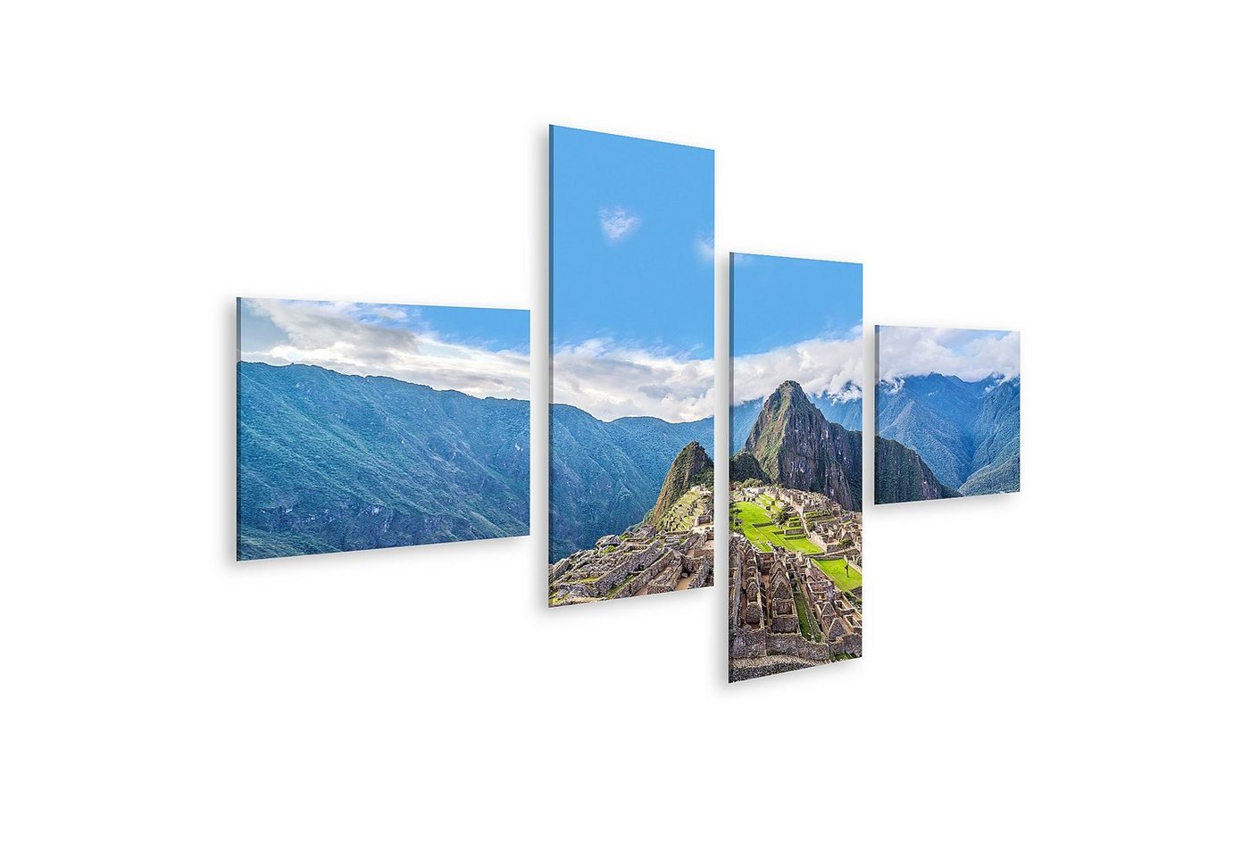 islandburner Leinwandbild Bild auf Leinwand Machu Picchu Panorama Blick Peru Wayna Picchu Wandbild Poster Kunstdruck Bilder 150x80cm 4-teilig von islandburner