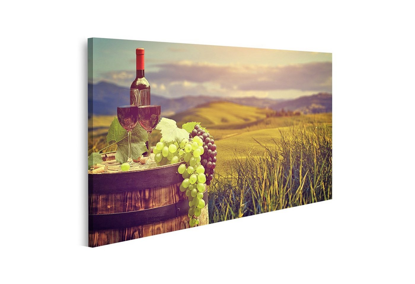 islandburner Leinwandbild Bild auf Leinwand Rotweinflasche und Weinglas auf Wodden Barrel Schöne von islandburner