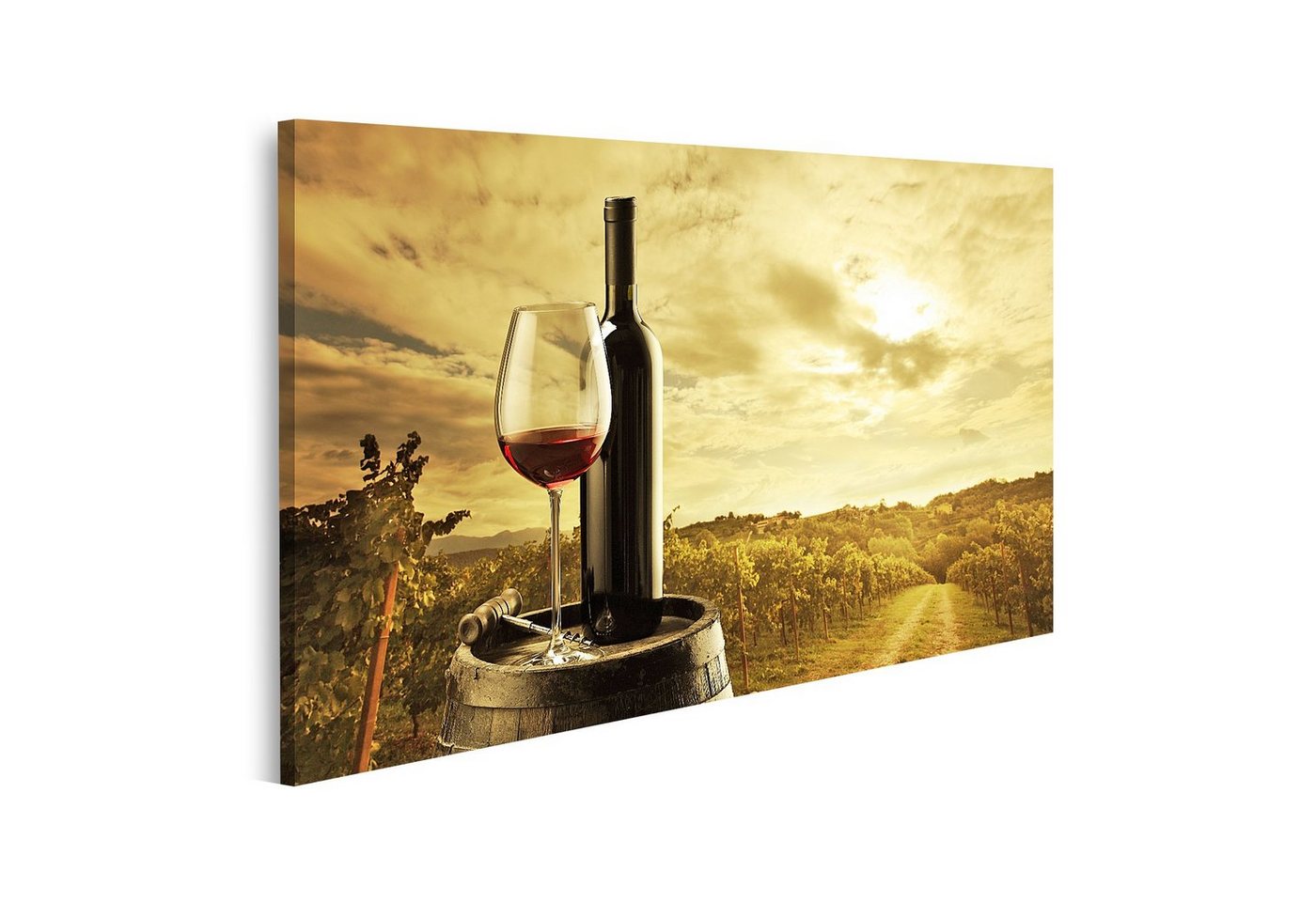 islandburner Leinwandbild Bild auf Leinwand Rotweinflasche und Weinglas auf gewölbtem Fass Wandb von islandburner