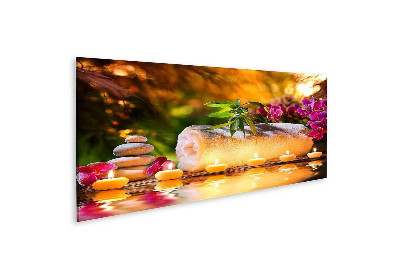 islandburner Leinwandbild Bild auf Leinwand Spa-Massage im Garten Kerzen und Wasser Wandbild Pos von islandburner