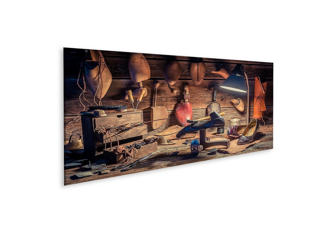 islandburner Leinwandbild Bild auf Leinwand Vintage Schuster Arbeitsplatz Mit Pinsel Und Schuhe von islandburner
