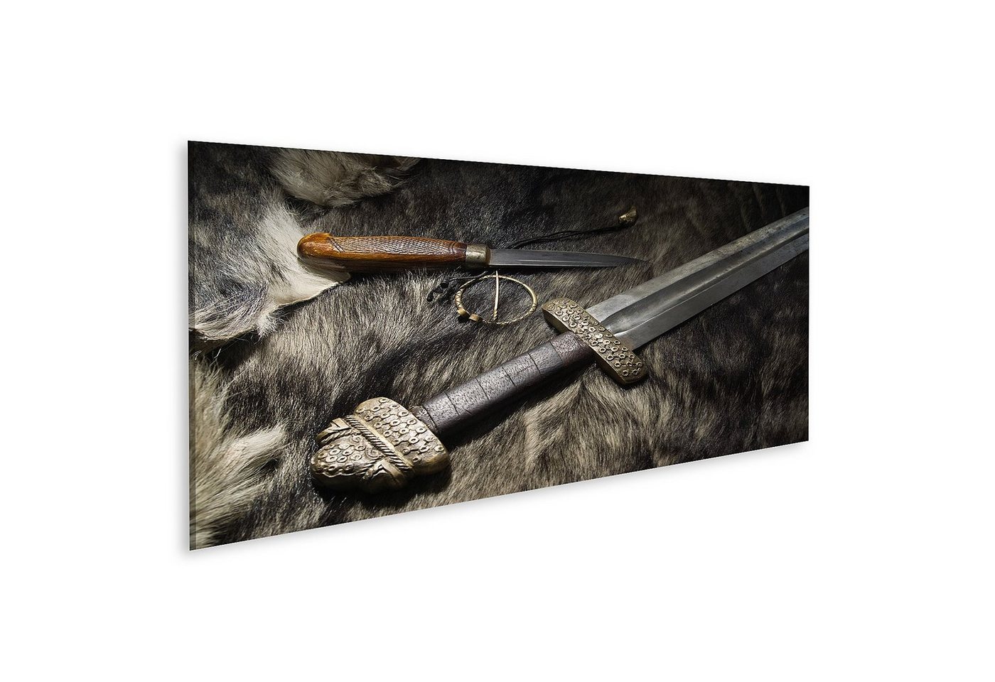 islandburner Leinwandbild Bild auf Leinwand Wikingerschwert und Messer auf einem Fell Wandbild P von islandburner