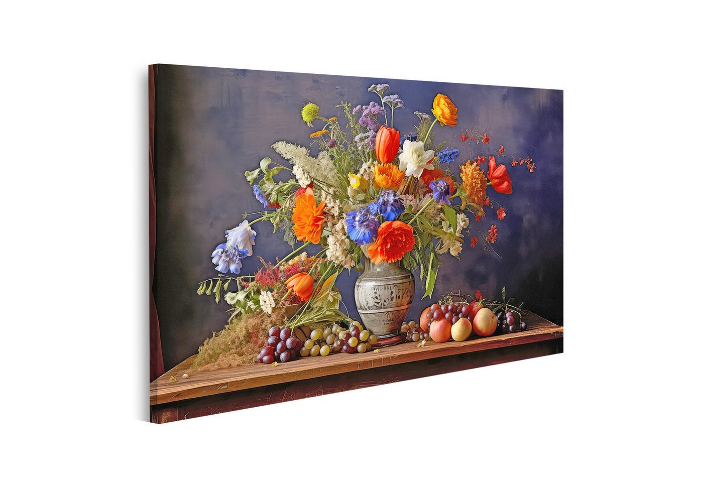 islandburner Leinwandbild Blumen Stillleben mit Obst auf einem Holztisch in Vase Wandbild islandburner Leinwandbild Blumen Stillleben mit Obst auf einem Holztisch in Vase Wandbild von islandburner