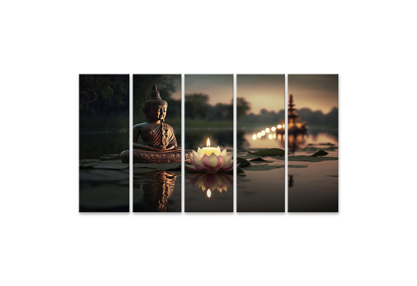 islandburner Leinwandbild Buddha Meditation mit Kerzen und Lotusblume im Wasser Wandbild islandburner Leinwandbild Buddha Meditation mit Kerzen und Lotusblume im Wasser Wandbild von islandburner