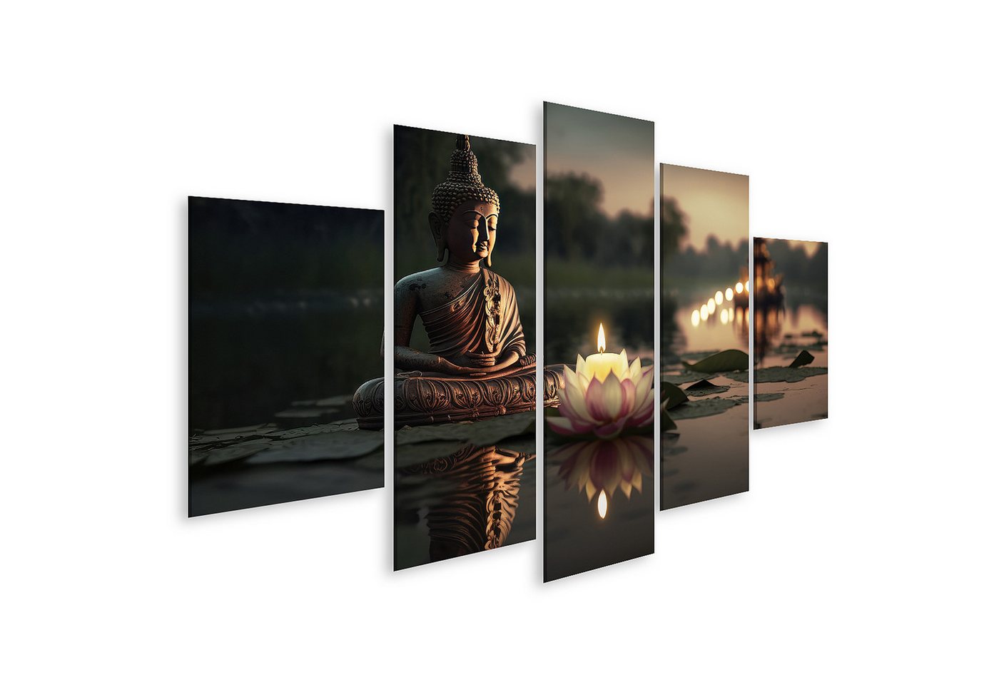 islandburner Leinwandbild Buddha Meditation mit Kerzen und Lotusblume im Wasser Wandbild islandburner Leinwandbild Buddha Meditation mit Kerzen und Lotusblume im Wasser Wandbild von islandburner