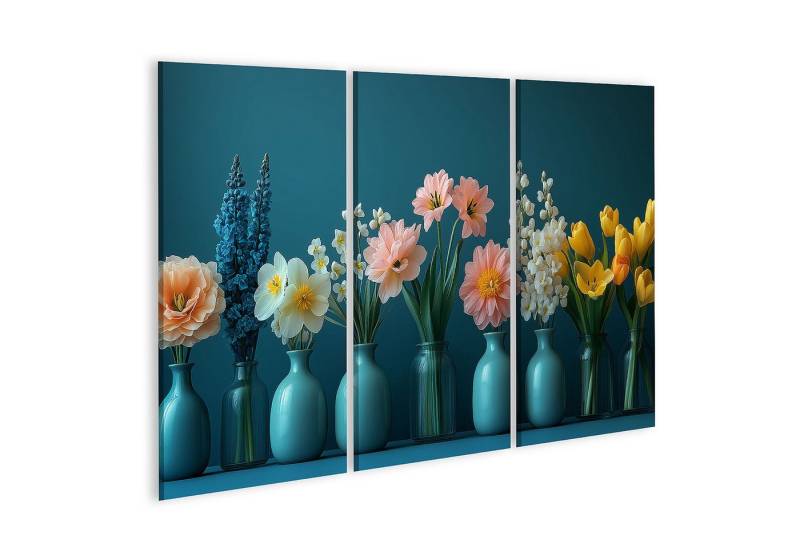 islandburner Leinwandbild Bunte Blumen in Vasen vor blauem Hintergrund Wandbild islandburner Leinwandbild Bunte Blumen in Vasen vor blauem Hintergrund Wandbild von islandburner