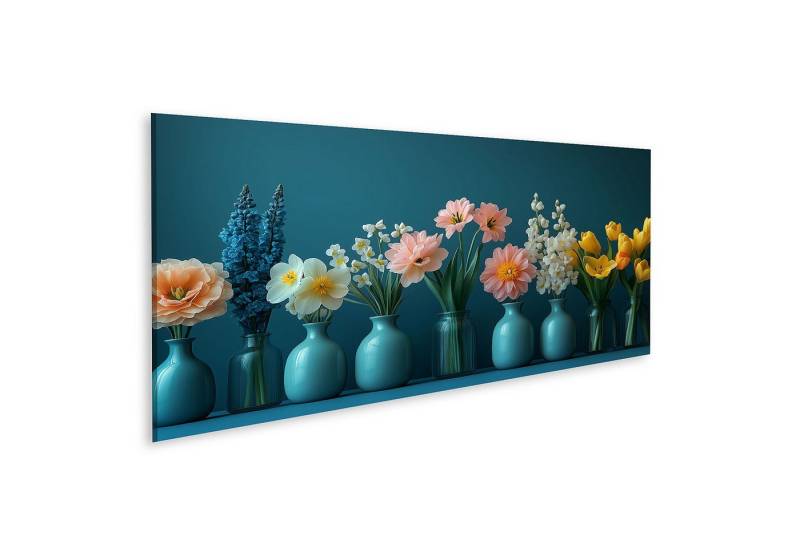 islandburner Leinwandbild Bunte Blumen in Vasen vor blauem Hintergrund Wandbild islandburner Leinwandbild Bunte Blumen in Vasen vor blauem Hintergrund Wandbild von islandburner