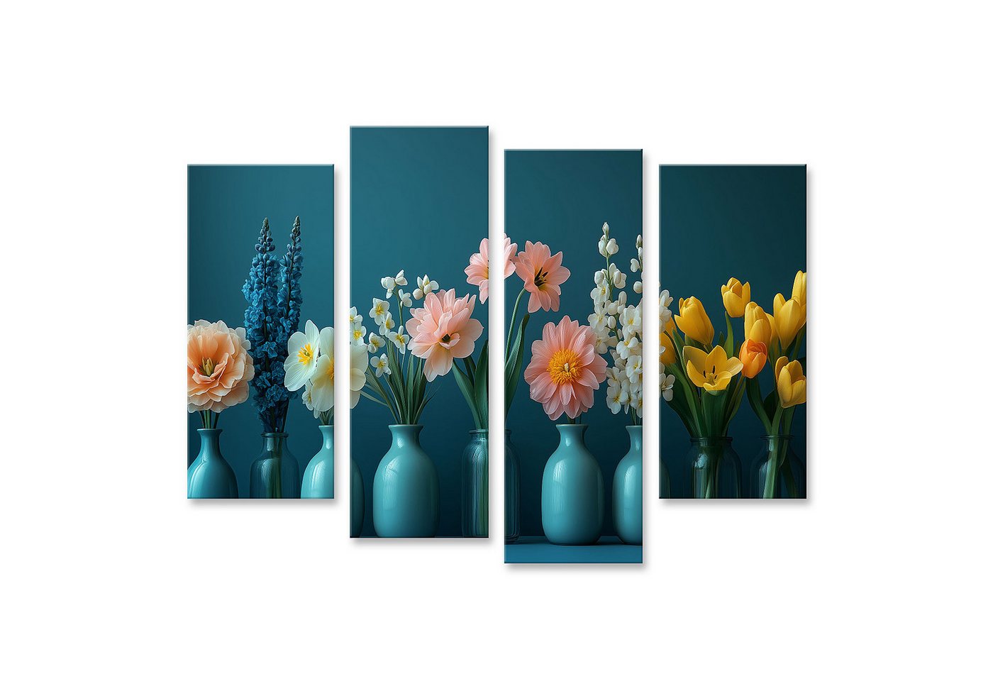 islandburner Leinwandbild Bunte Blumen in Vasen vor blauem Hintergrund Wandbild islandburner Leinwandbild Bunte Blumen in Vasen vor blauem Hintergrund Wandbild von islandburner