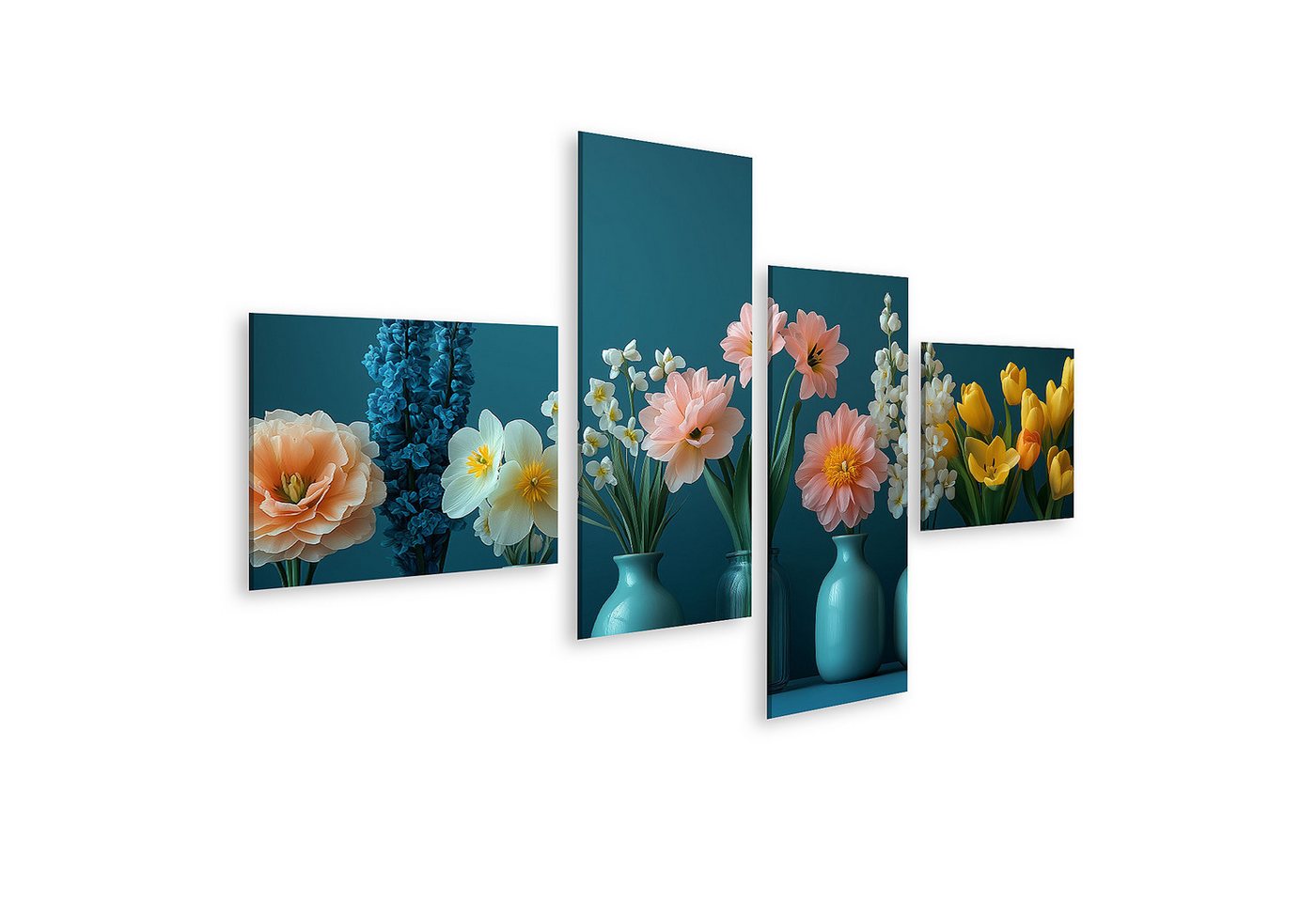 islandburner Leinwandbild Bunte Blumen in Vasen vor blauem Hintergrund Wandbild islandburner Leinwandbild Bunte Blumen in Vasen vor blauem Hintergrund Wandbild von islandburner