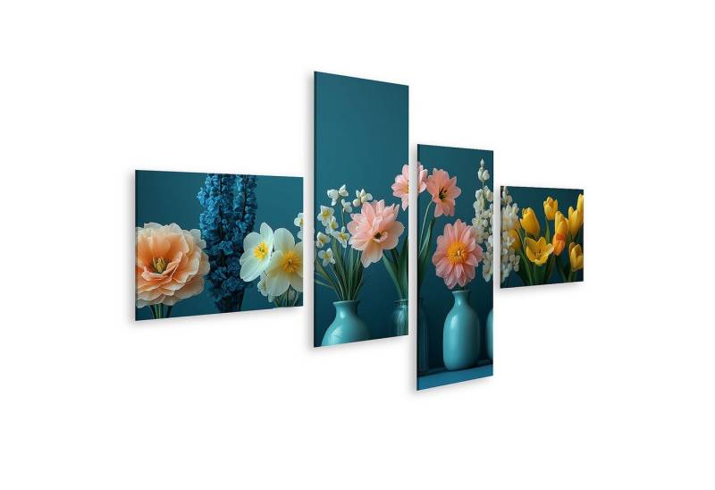 islandburner Leinwandbild Bunte Blumen in Vasen vor blauem Hintergrund Wandbild islandburner Leinwandbild Bunte Blumen in Vasen vor blauem Hintergrund Wandbild von islandburner