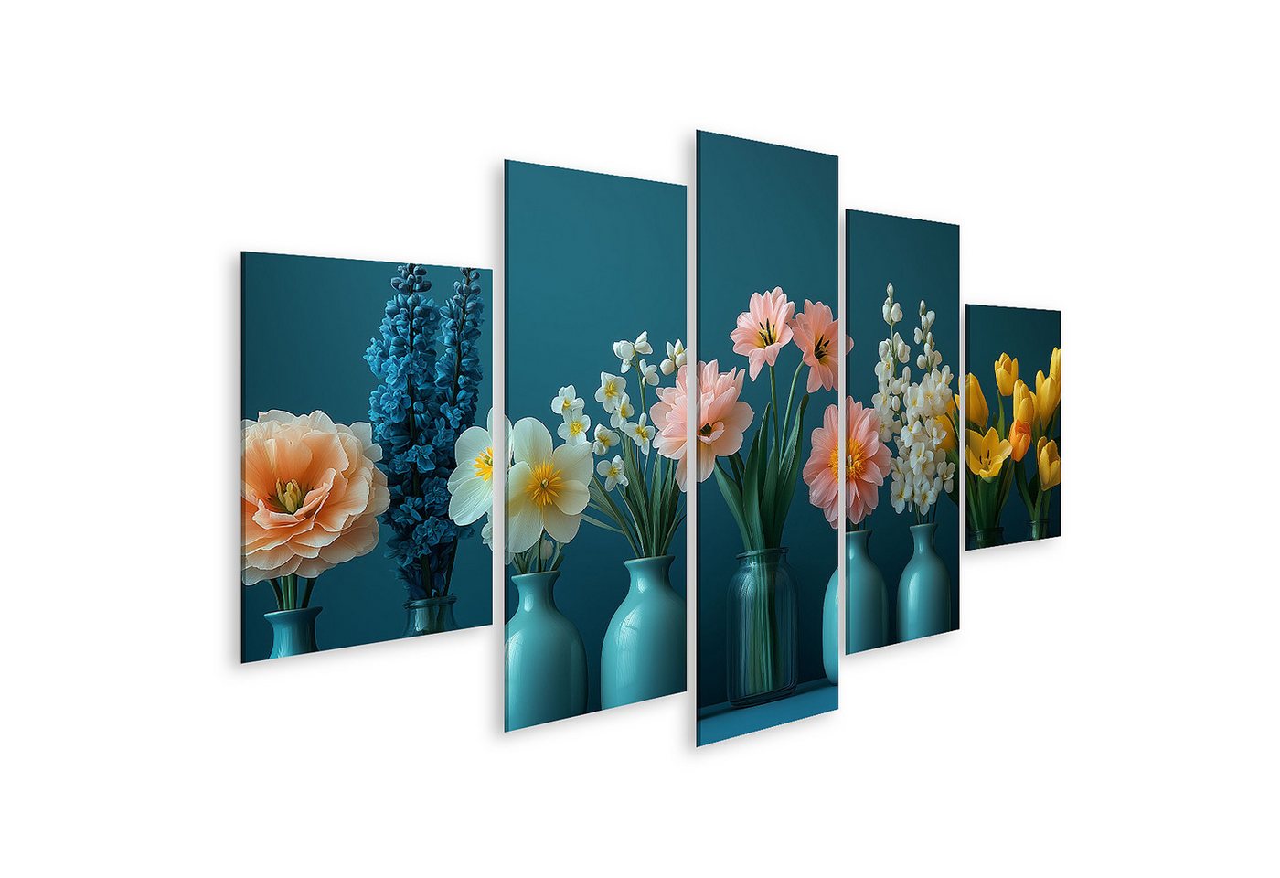 islandburner Leinwandbild Bunte Blumen in Vasen vor blauem Hintergrund Wandbild islandburner Leinwandbild Bunte Blumen in Vasen vor blauem Hintergrund Wandbild von islandburner