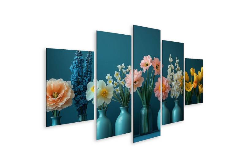 islandburner Leinwandbild Bunte Blumen in Vasen vor blauem Hintergrund Wandbild islandburner Leinwandbild Bunte Blumen in Vasen vor blauem Hintergrund Wandbild von islandburner