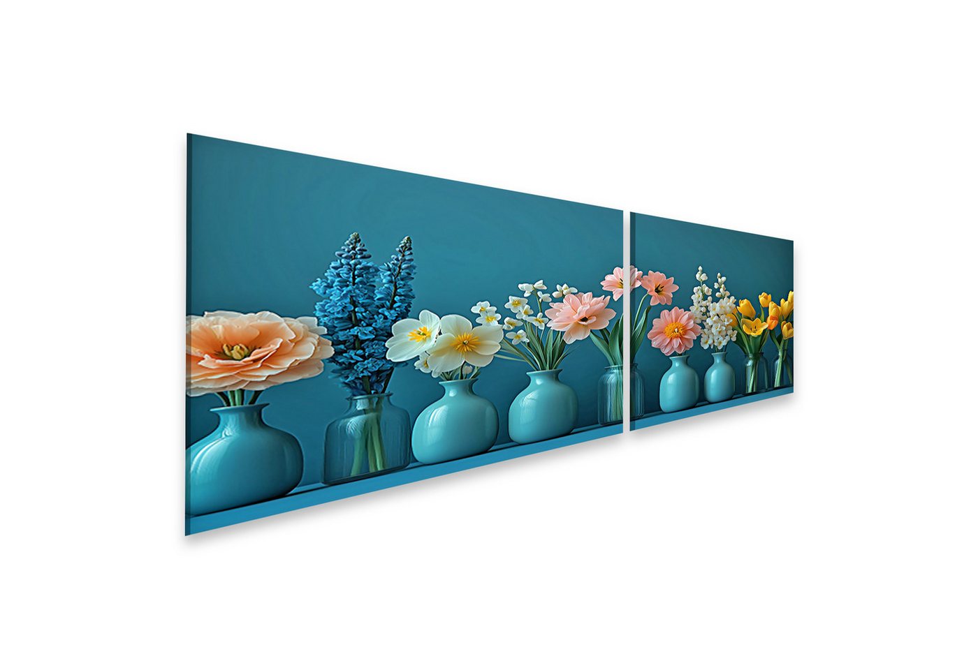 islandburner Leinwandbild Bunte Blumen in Vasen vor blauem Hintergrund Wandbild islandburner Leinwandbild Bunte Blumen in Vasen vor blauem Hintergrund Wandbild von islandburner