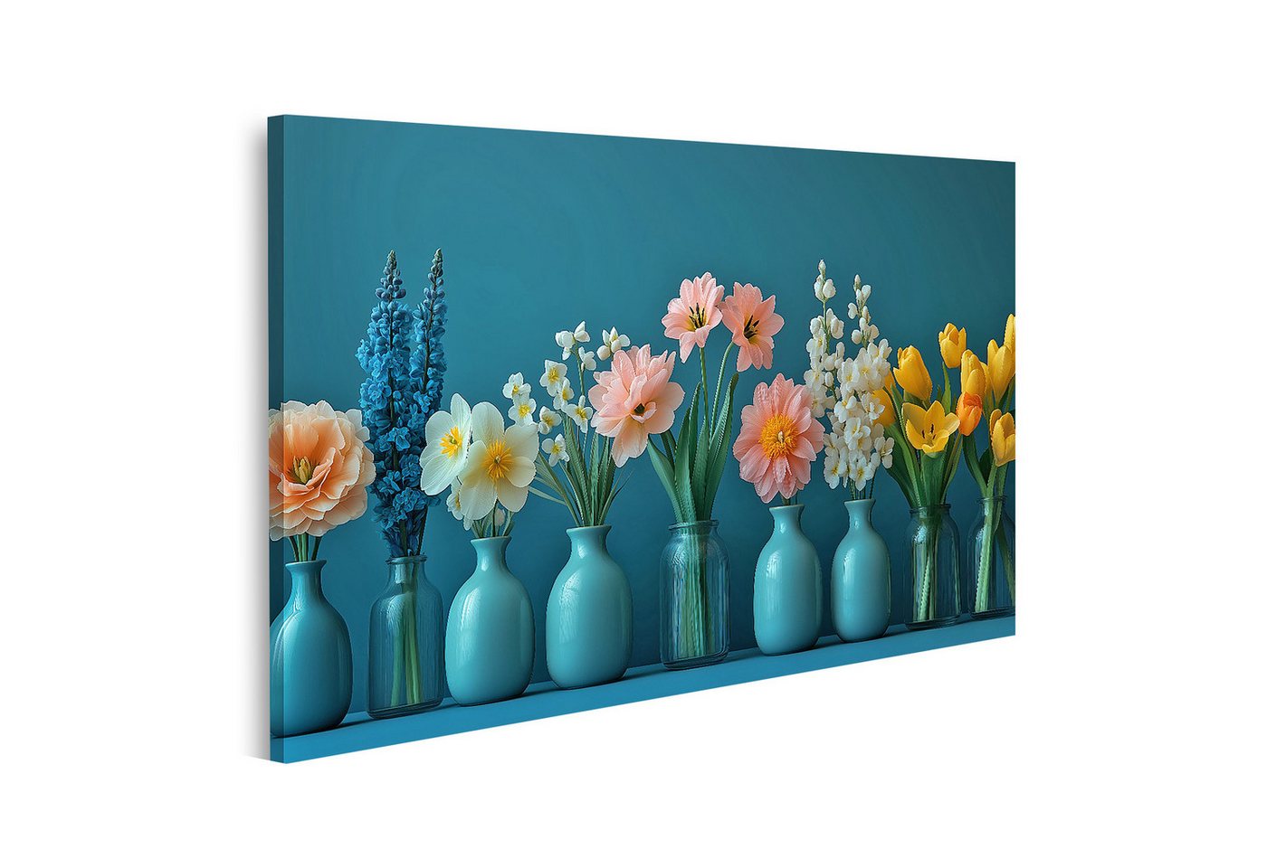 islandburner Leinwandbild Bunte Blumen in Vasen vor blauem Hintergrund Wandbild islandburner Leinwandbild Bunte Blumen in Vasen vor blauem Hintergrund Wandbild von islandburner
