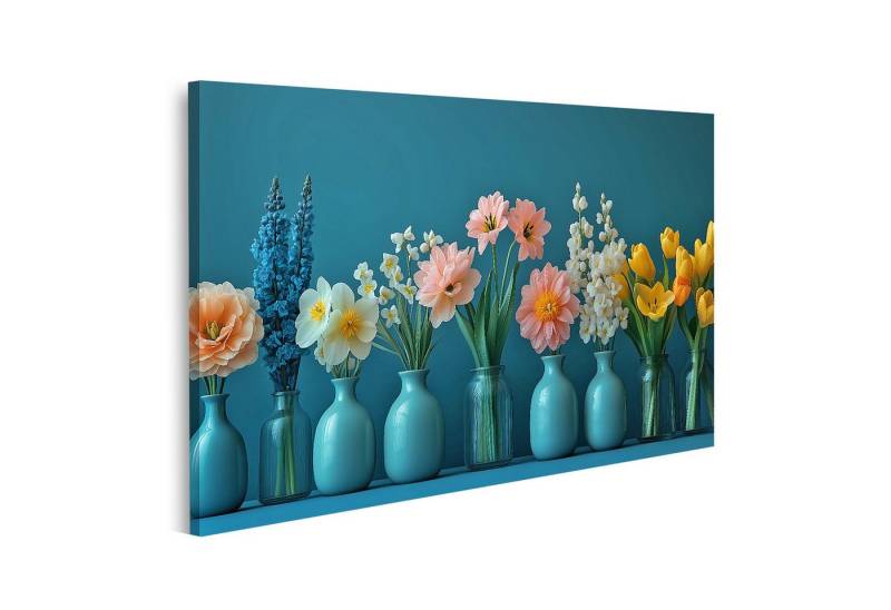 islandburner Leinwandbild Bunte Blumen in Vasen vor blauem Hintergrund Wandbild islandburner Leinwandbild Bunte Blumen in Vasen vor blauem Hintergrund Wandbild von islandburner