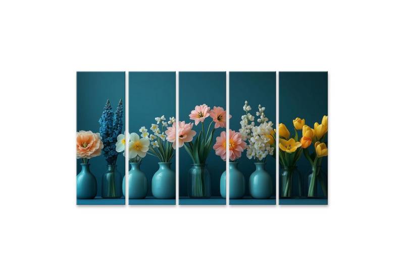 islandburner Leinwandbild Bunte Blumen in Vasen vor blauem Hintergrund Wandbild von islandburner