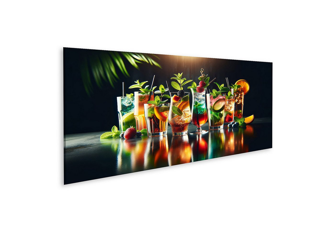 islandburner Leinwandbild Bunte Erfrischungsgetraenke mit Obst und Kraeutern auf einem Tisch von islandburner