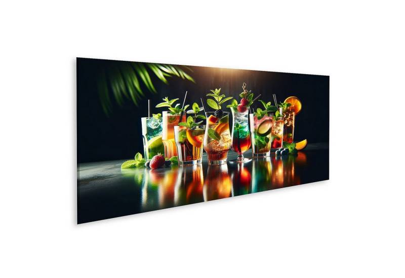 islandburner Leinwandbild Bunte Erfrischungsgetraenke mit Obst und Kraeutern auf einem Tisch von islandburner