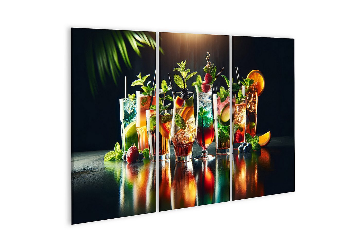 islandburner Leinwandbild Bunte Erfrischungsgetraenke mit Obst und Kraeutern auf einem Tisch von islandburner