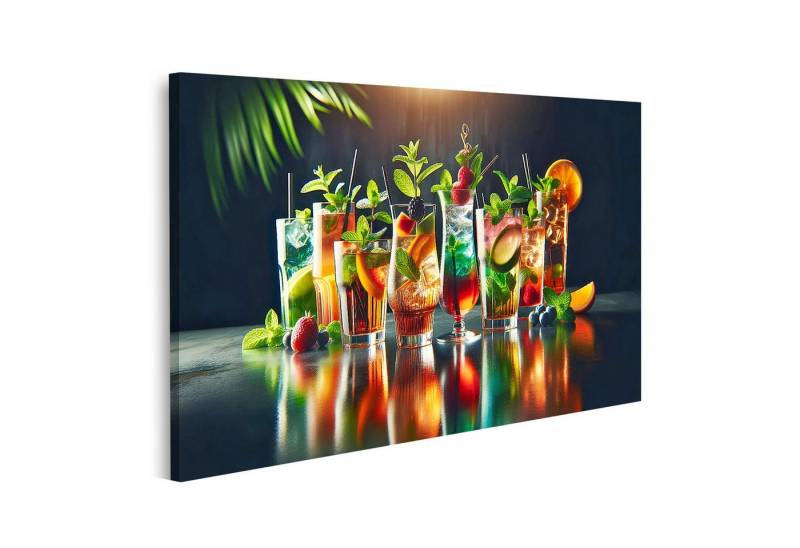 islandburner Leinwandbild Bunte Erfrischungsgetraenke mit Obst und Kraeutern auf einem Tisch von islandburner