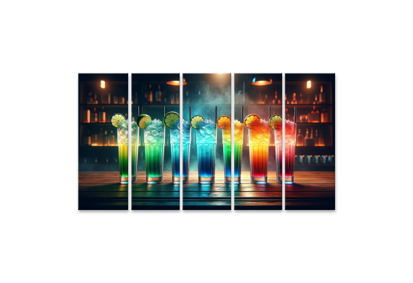 islandburner Leinwandbild Cocktailkunst: Fünf farbenprächtige Gläser auf Holzbartresen von islandburner