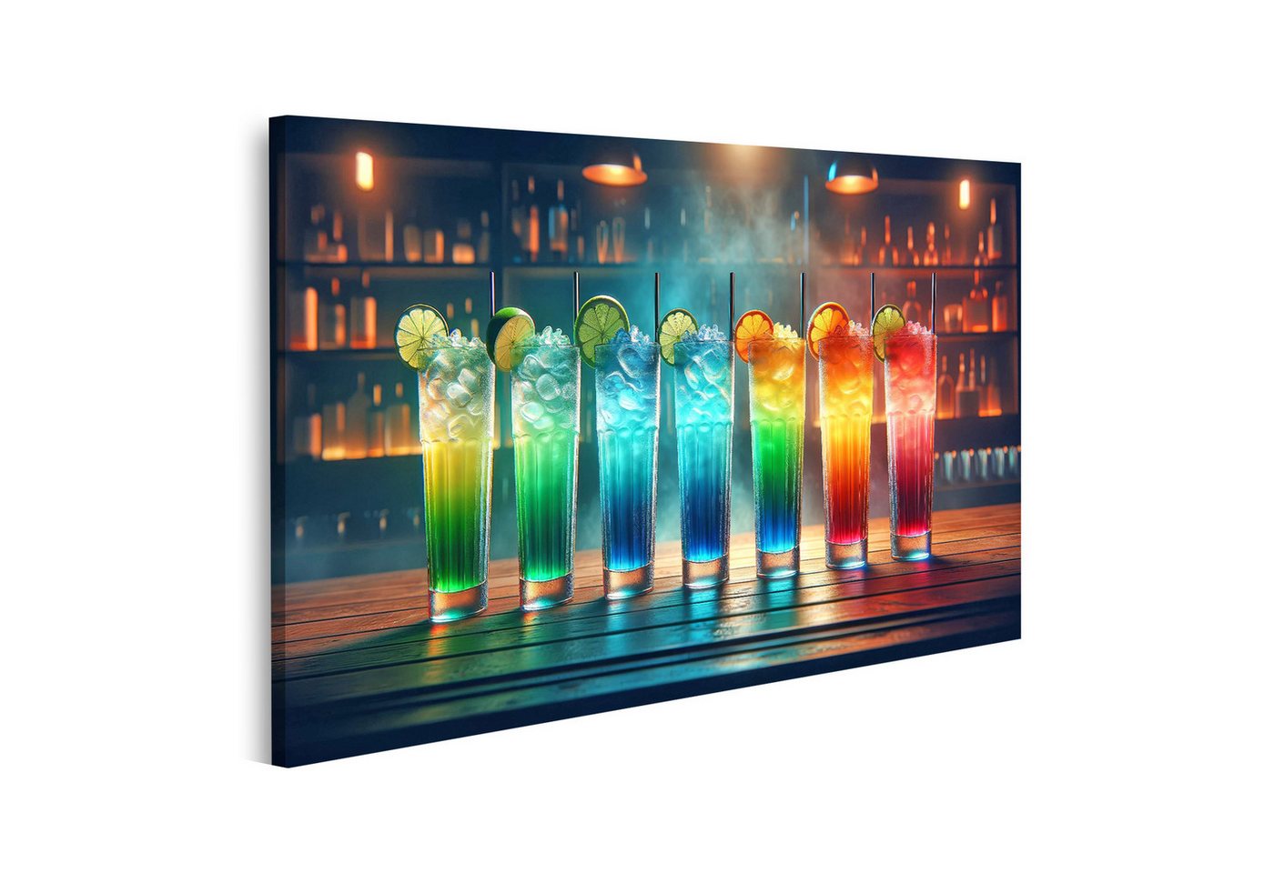 islandburner Leinwandbild Cocktailkunst: Fünf farbenprächtige Gläser auf Holzbartresen von islandburner