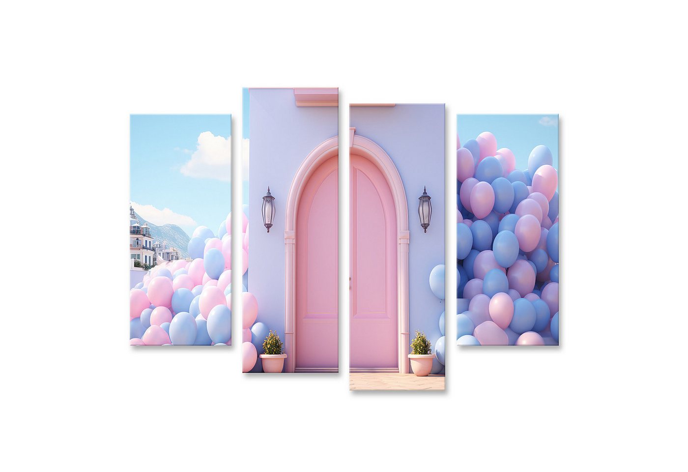 islandburner Leinwandbild Doppelbildnis: Blaue Tür und Ballons über einer rosa Wand Kinderzimmer islandburner Leinwandbild Doppelbildnis: Blaue Tür und Ballons über einer rosa Wand Kinderzimmer von islandburner