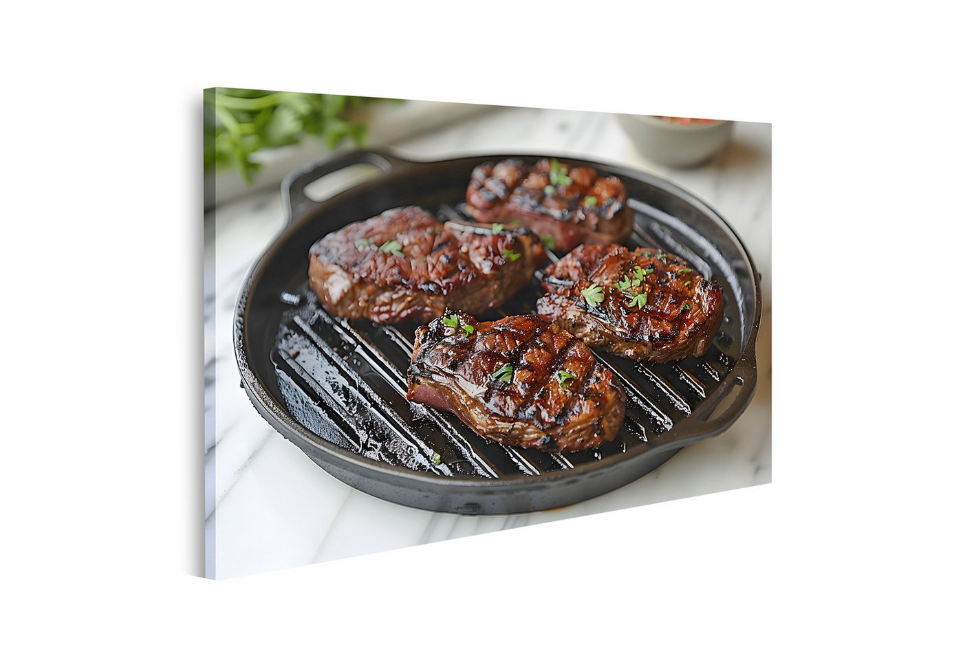 islandburner Leinwandbild Drei saftige Steaks brutzeln auf glühendem Grill, verbreiten delikate von islandburner