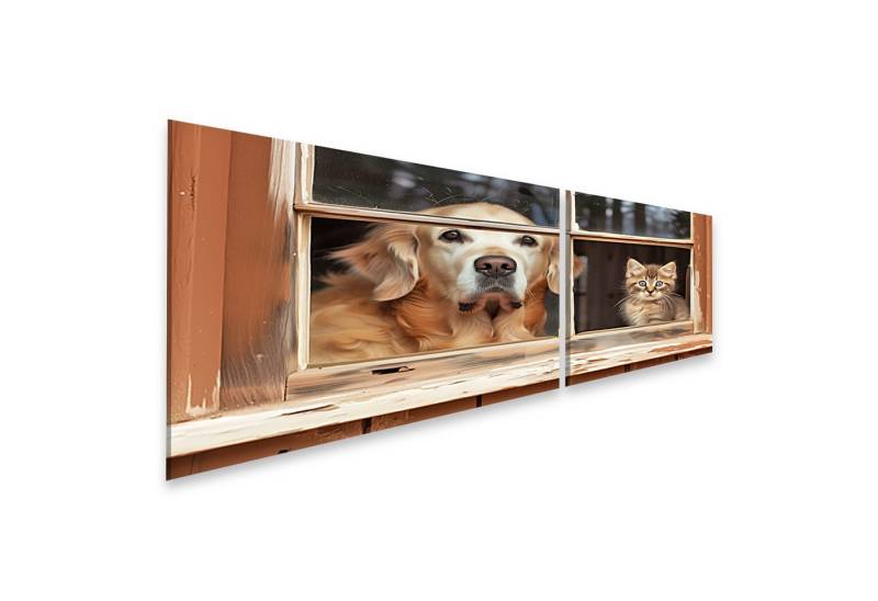 islandburner Leinwandbild Ein groäer Hund und ein kleines Kätzchen blicken gemeinsam zum Fenster von islandburner