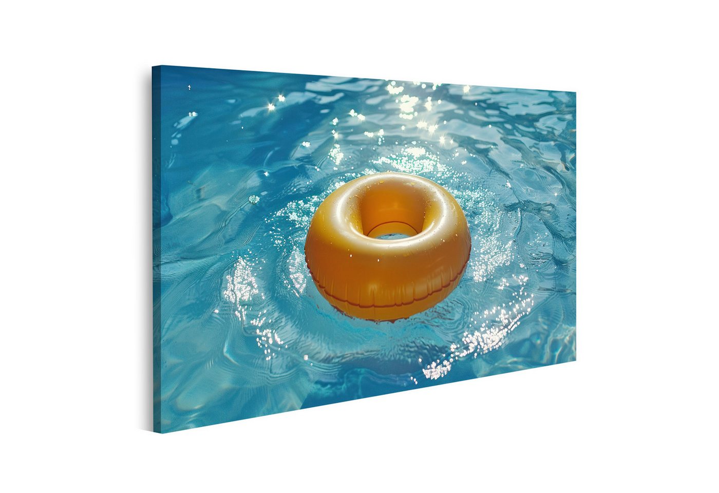 islandburner Leinwandbild Ein leuchtender gelber Schwimmring treibt elegant im azurblauen Pool B von islandburner