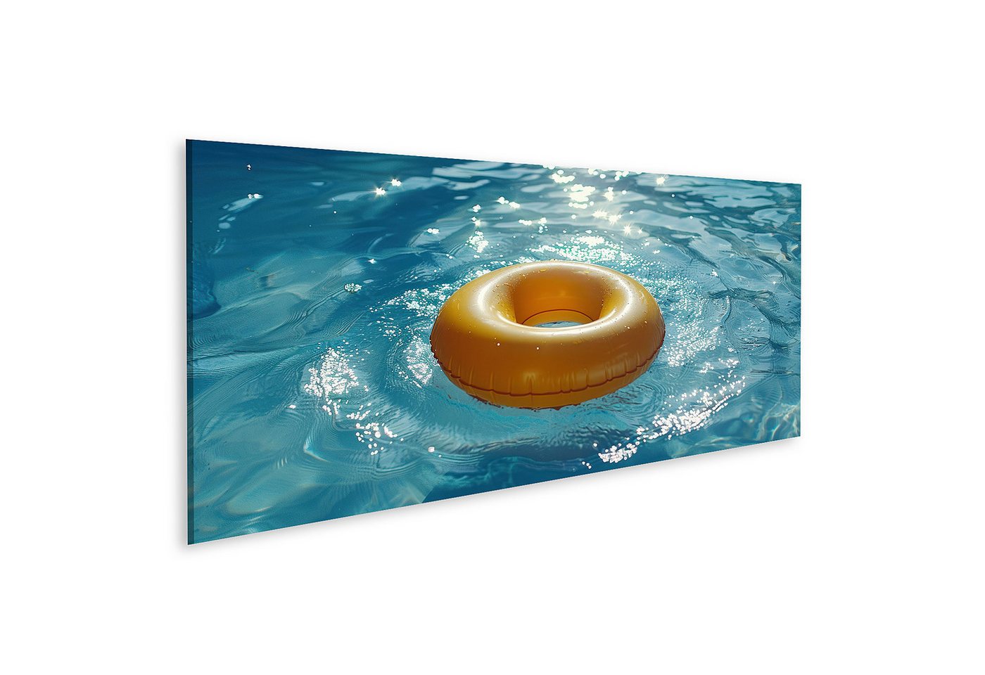 islandburner Leinwandbild Ein leuchtender gelber Schwimmring treibt elegant im azurblauen Pool B von islandburner