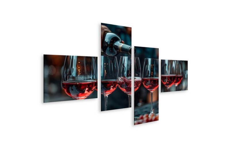 islandburner Leinwandbild Eine Person füllt eine Reihe Weingläser mit edlem Rotwein auf dem Wand von islandburner