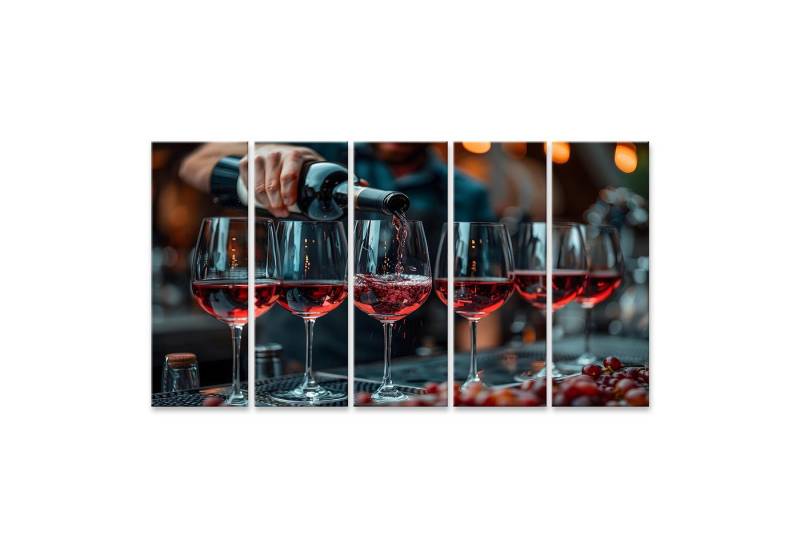 islandburner Leinwandbild Eine Person füllt eine Reihe Weingläser mit edlem Rotwein auf dem Wand von islandburner