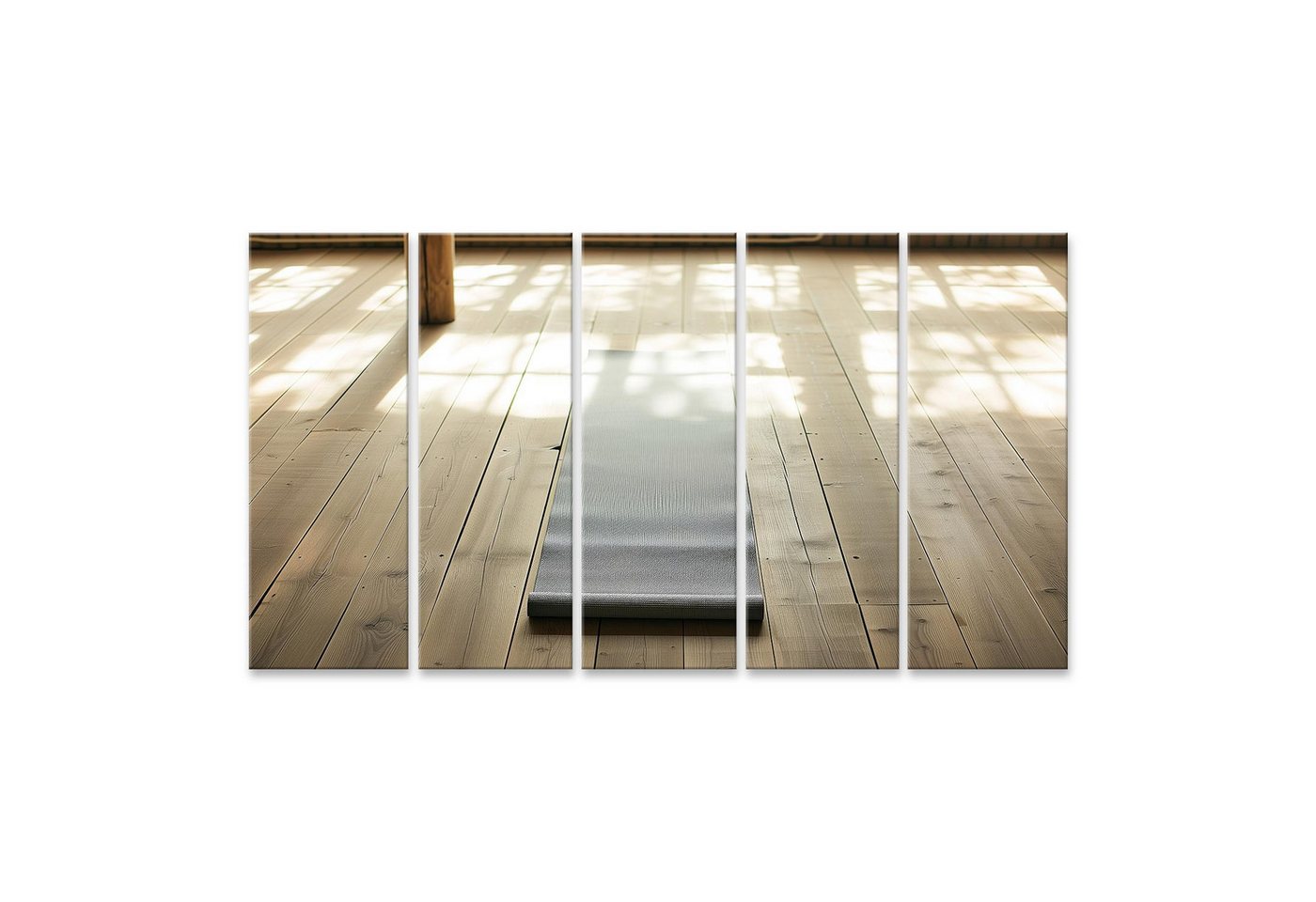 islandburner Leinwandbild Eine einzelne Yogamatte auf Holzboden mit Person in dynamischer Pose Y von islandburner