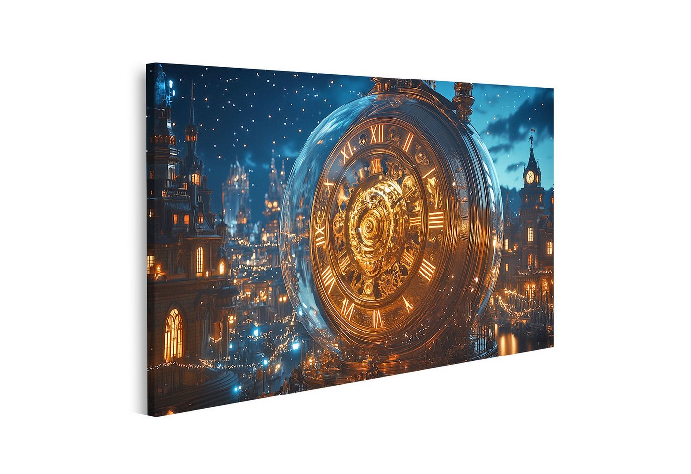 islandburner Leinwandbild Eine riesige goldene Uhr in einer funkelnden Stadt bei Nacht von islandburner