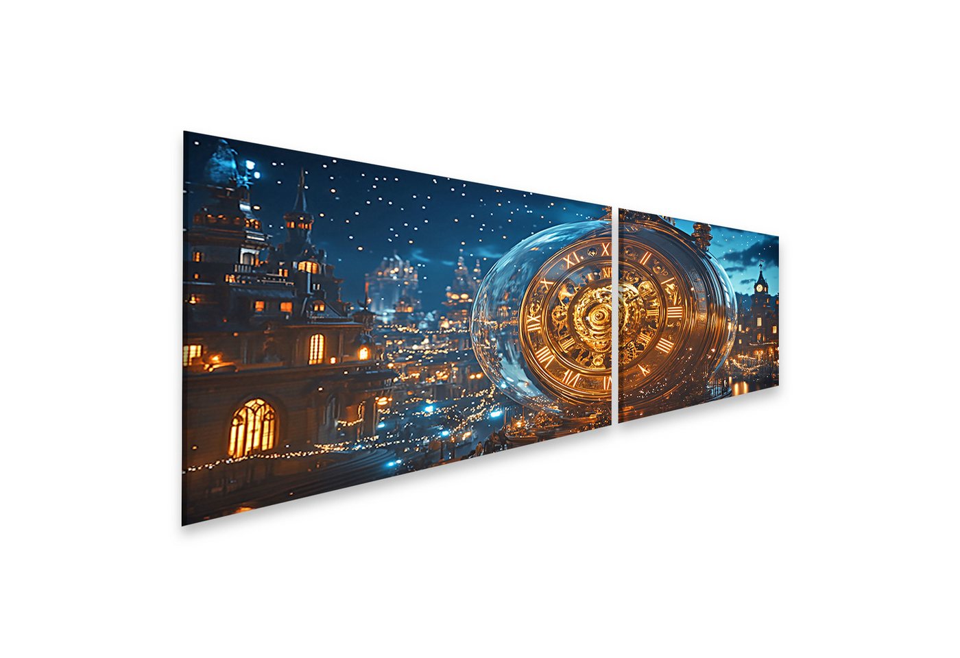 islandburner Leinwandbild Eine riesige goldene Uhr in einer funkelnden Stadt bei Nacht von islandburner