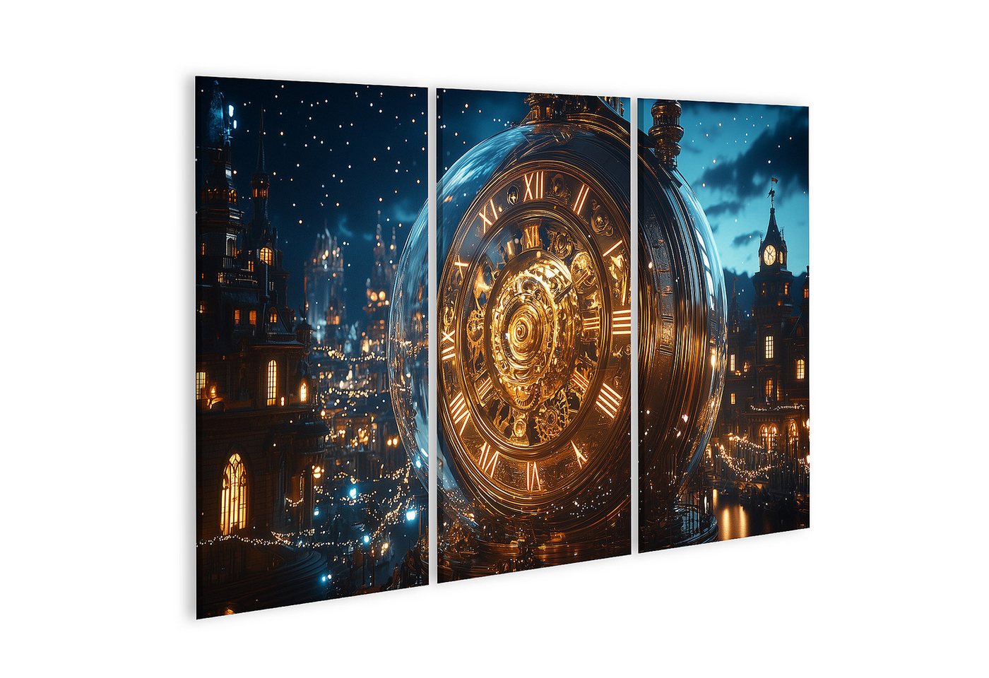 islandburner Leinwandbild Eine riesige goldene Uhr in einer funkelnden Stadt bei Nacht von islandburner
