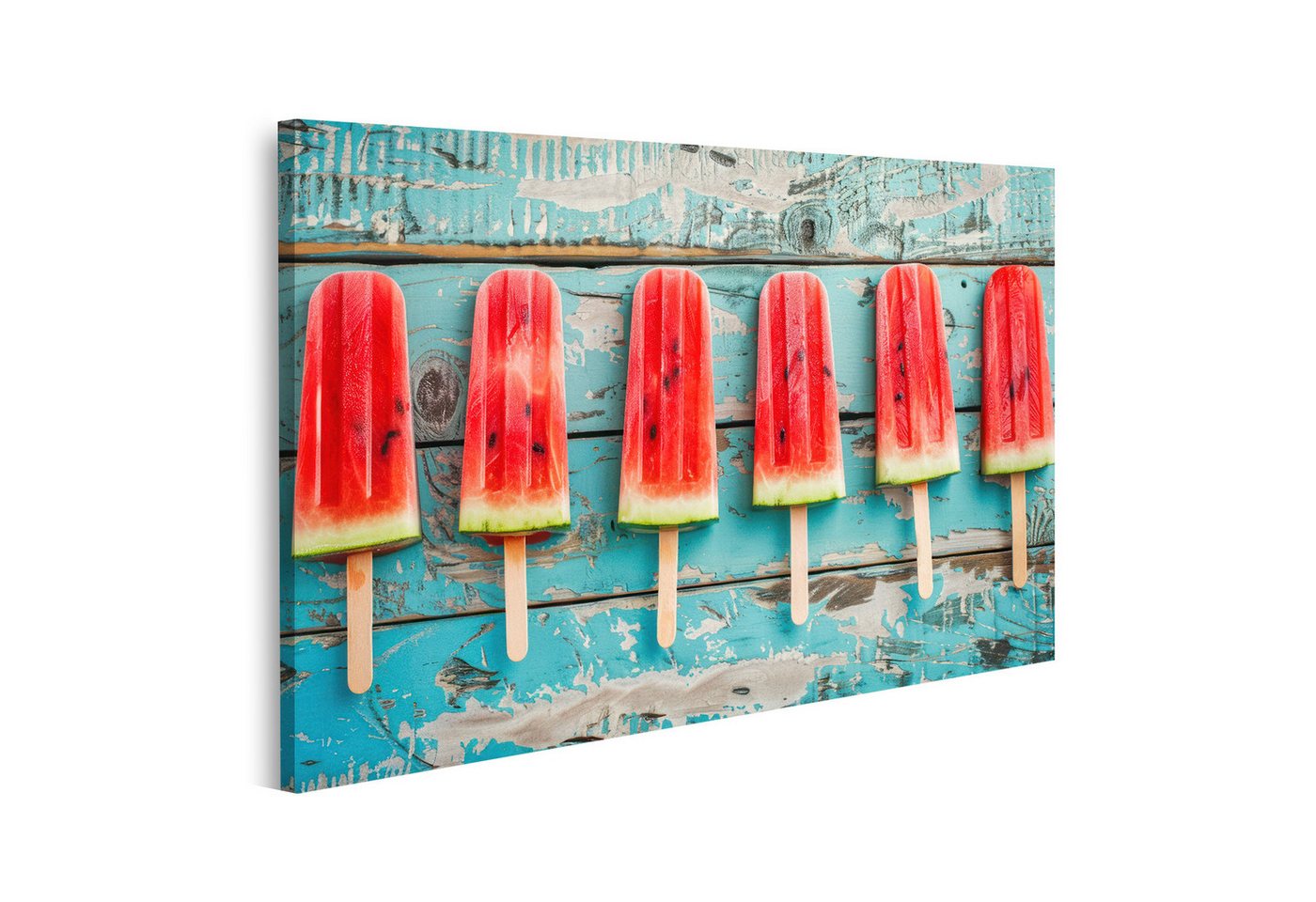 islandburner Leinwandbild Eis am Stiel in Wassermelonen-Optik auf rustikalem blauen Holz dargest islandburner Leinwandbild Eis am Stiel in Wassermelonen-Optik auf rustikalem blauen Holz dargest von islandburner