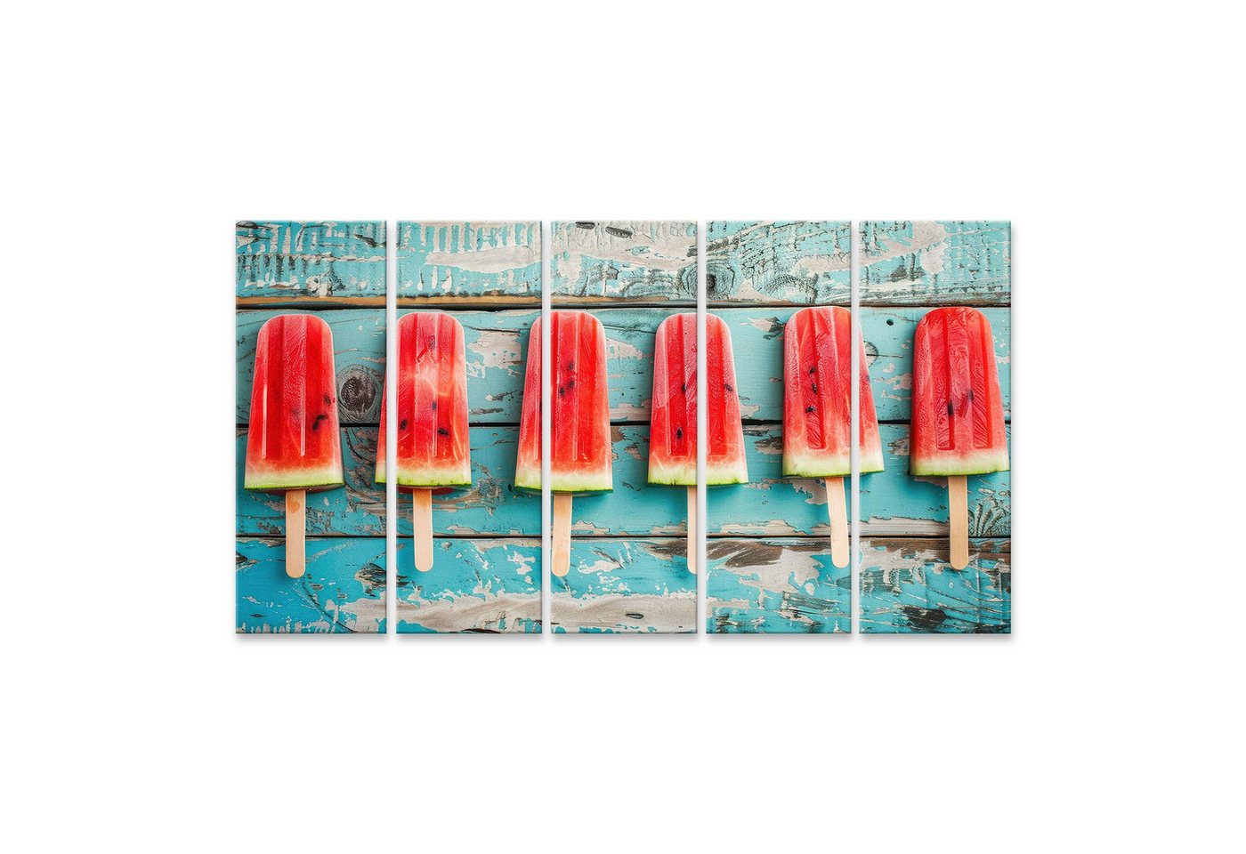 islandburner Leinwandbild Eis am Stiel in Wassermelonen-Optik auf rustikalem blauen Holz dargest islandburner Leinwandbild Eis am Stiel in Wassermelonen-Optik auf rustikalem blauen Holz dargest von islandburner