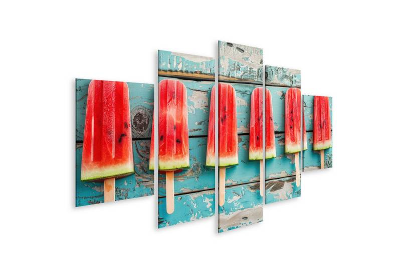 islandburner Leinwandbild Eis am Stiel in Wassermelonen-Optik auf rustikalem blauen Holz dargest von islandburner