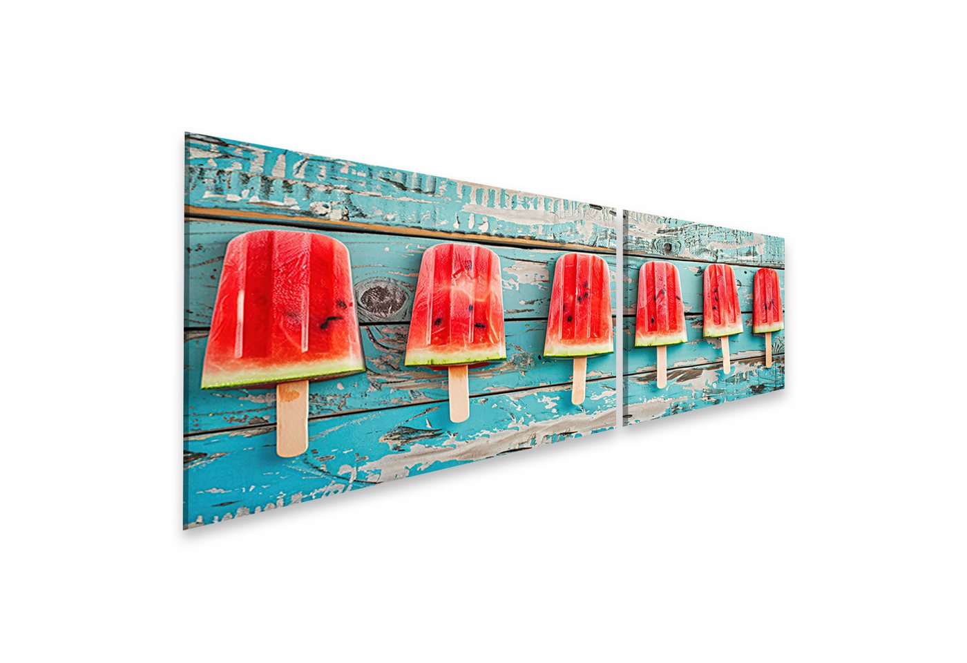 islandburner Leinwandbild Eis am Stiel in Wassermelonen-Optik auf rustikalem blauen Holz dargest islandburner Leinwandbild Eis am Stiel in Wassermelonen-Optik auf rustikalem blauen Holz dargest von islandburner