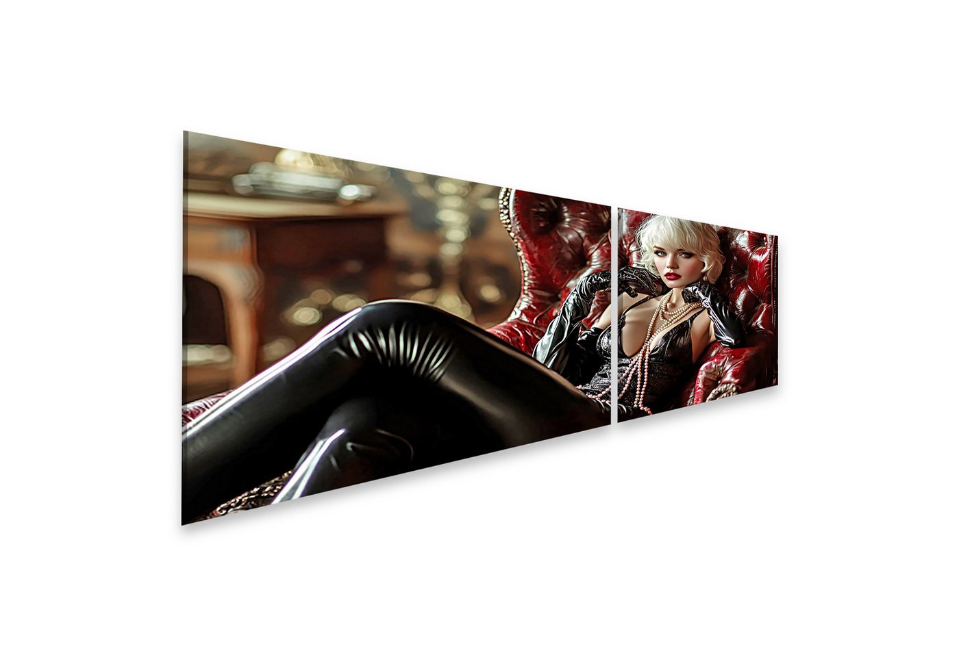 islandburner Leinwandbild Elegante Frau in Leder auf rotem Sessel Wandbild islandburner Leinwandbild Elegante Frau in Leder auf rotem Sessel Wandbild von islandburner
