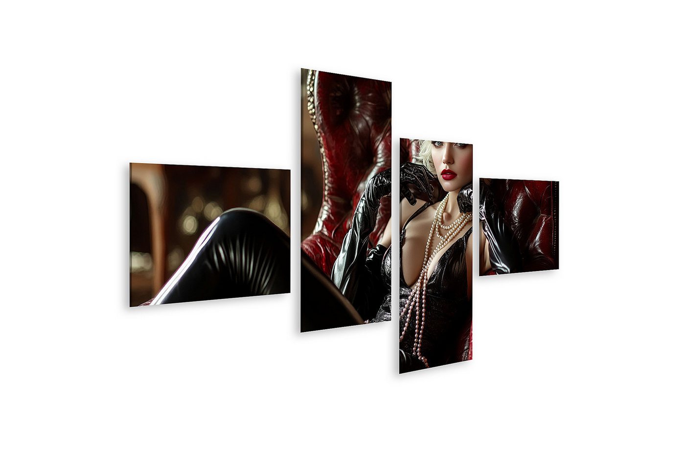 islandburner Leinwandbild Elegante Frau in Leder auf rotem Sessel Wandbild islandburner Leinwandbild Elegante Frau in Leder auf rotem Sessel Wandbild von islandburner