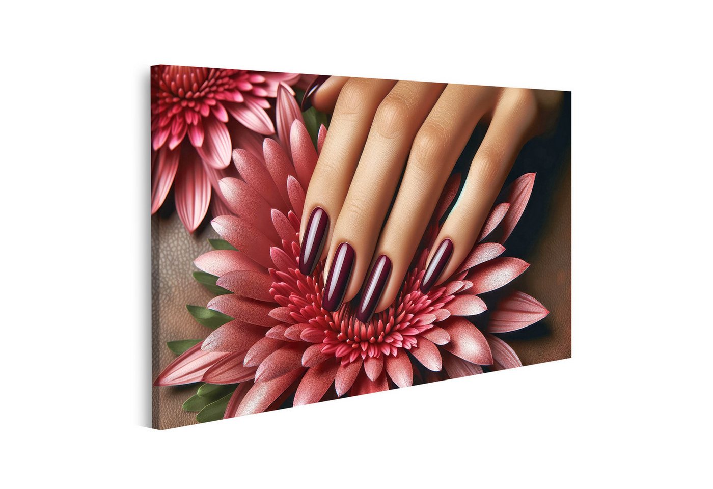 islandburner Leinwandbild Elegante Maniküre mit Tiefmaroon Lack auf Zarten Blütenblättern Nagels von islandburner
