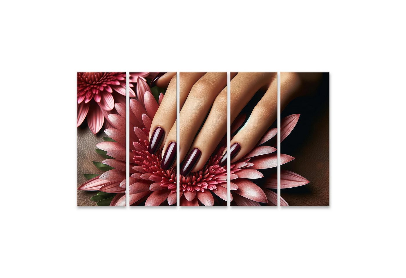 islandburner Leinwandbild Elegante Maniküre mit Tiefmaroon Lack auf Zarten Blütenblättern Nagels von islandburner