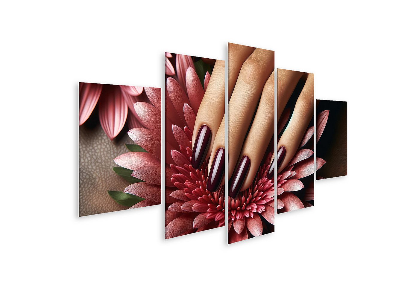 islandburner Leinwandbild Elegante Maniküre mit Tiefmaroon Lack auf Zarten Blütenblättern Nagels von islandburner