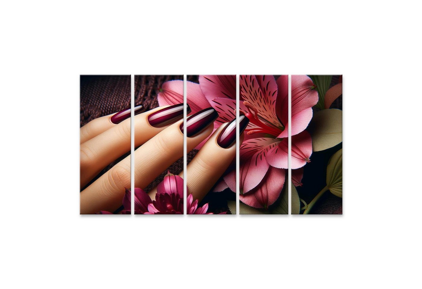 islandburner Leinwandbild Elegante Maniküre mit Tiefmaroon Lack und Blumenhintergrund Beauty Sal von islandburner