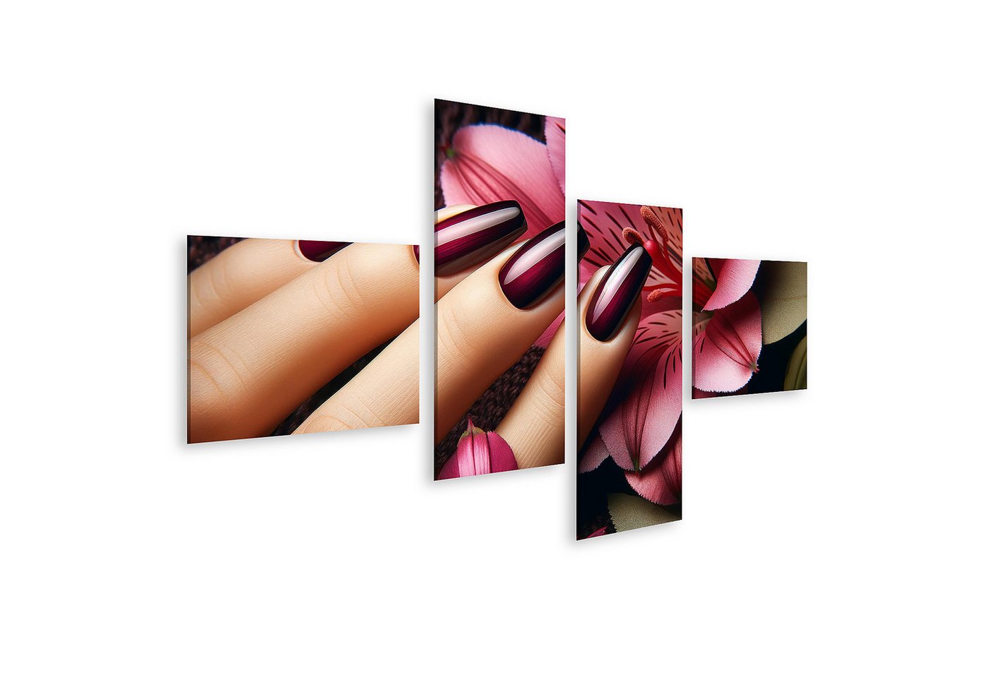 islandburner Leinwandbild Elegante Maniküre mit Tiefmaroon Lack und Blumenhintergrund Beauty Sal von islandburner