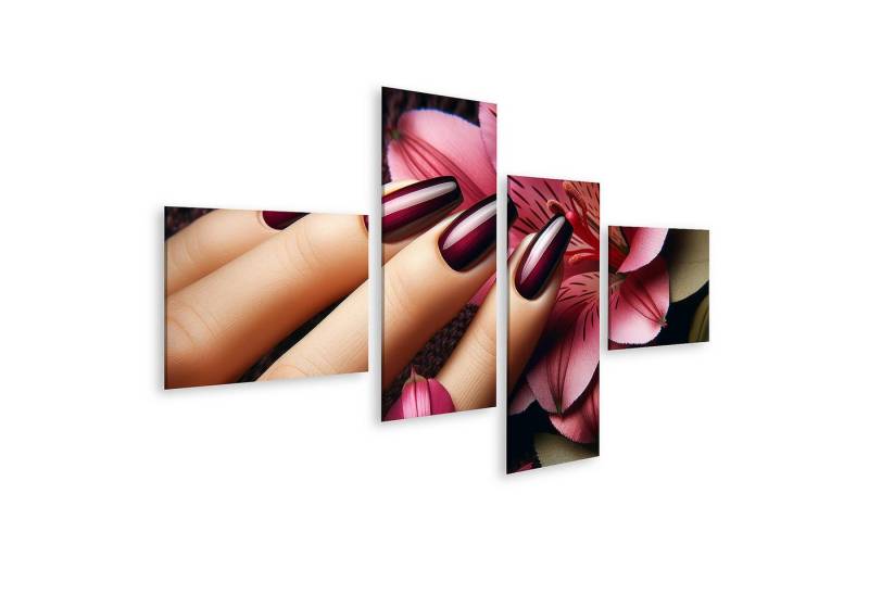 islandburner Leinwandbild Elegante Maniküre mit Tiefmaroon Lack und Blumenhintergrund Beauty Sal von islandburner